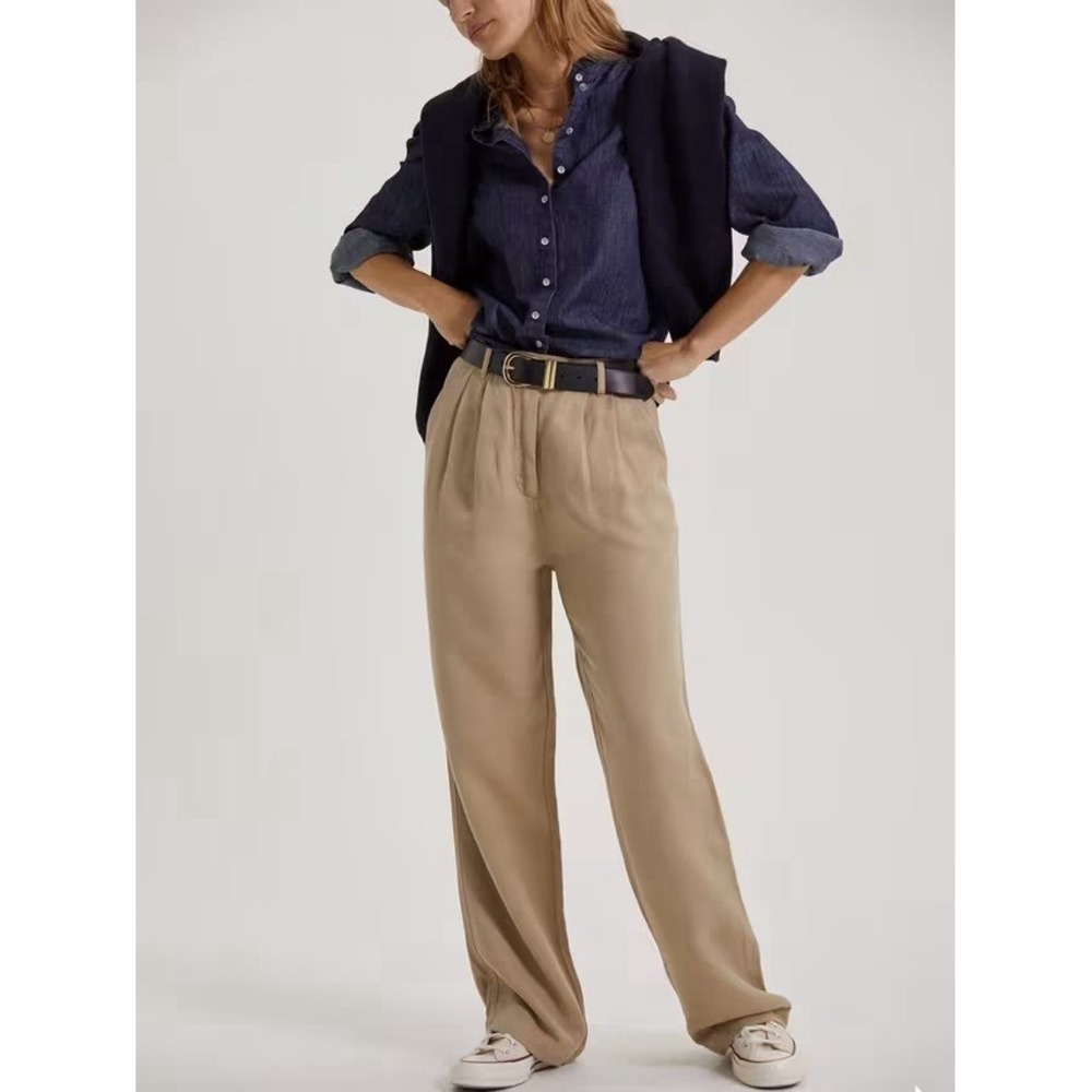 Baukjen‎ Lianne Trousers Women's Khaki Tencel Linen Pleated Relaxed Leg Sz UK 10